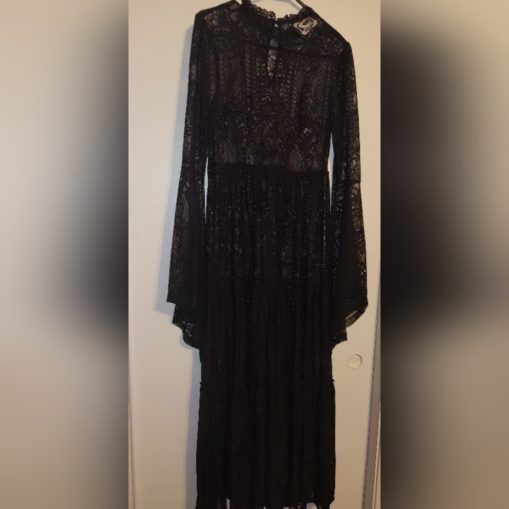 Killstar Black Lace Long Bell Sleeve Maxi Dress Size M